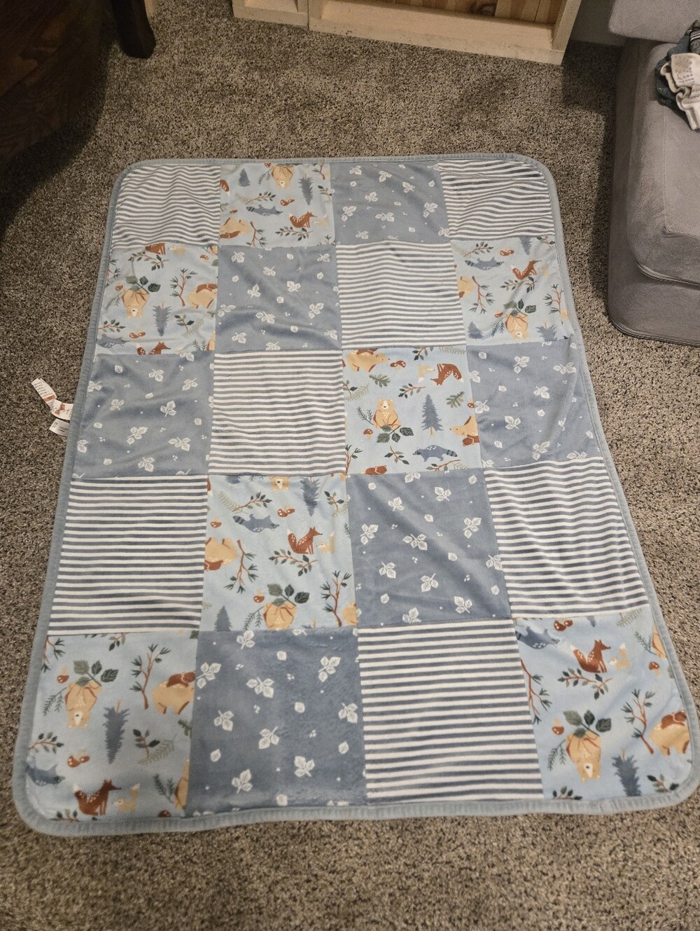 Gerber Modern Moments Blue Patchwork Baby Throw with Woodland Animals
